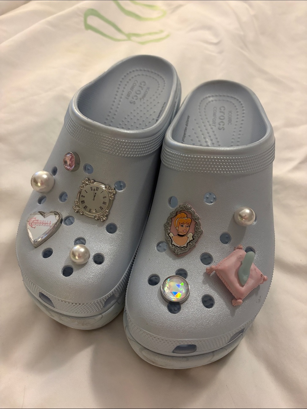 CROCS Kids Light Blue Classic Clogs with Princess and Pearl Charms